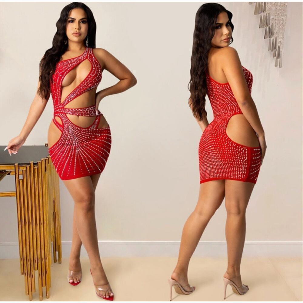 🦋B2G1🦋WESTERN FASHION One-shoulder Rhinestone Mesh Hollow Out Mini Dress & Panty - Picture 2 of 5
